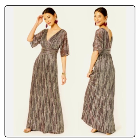 NWT Lilly Pulitzer  PARIGI MAXI DRESS IN GOLD METALLIC ROPE STRIPE BERRY CRINKLE - Picture 16 of 16